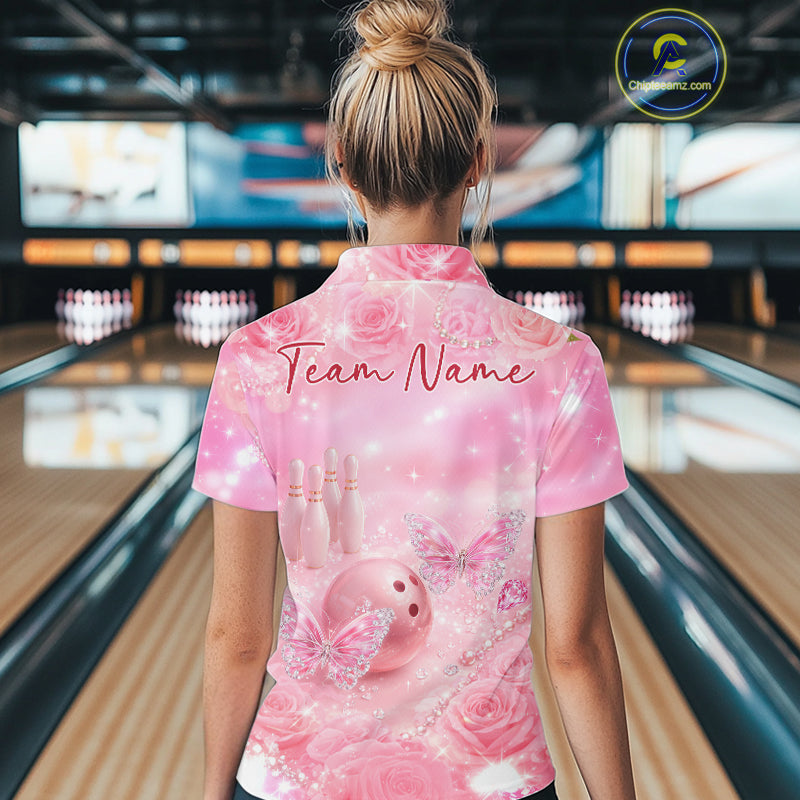 Custom Elegant Roses And Butterfly Women Bowling Polo Shirts, Ladies Bowling Shirt IPHW10315