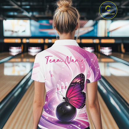 Custom Pink And Purple Butterfly Bowling Women Quarter-Zip Shirt, Ladies Bowling Shirt IPHW10311