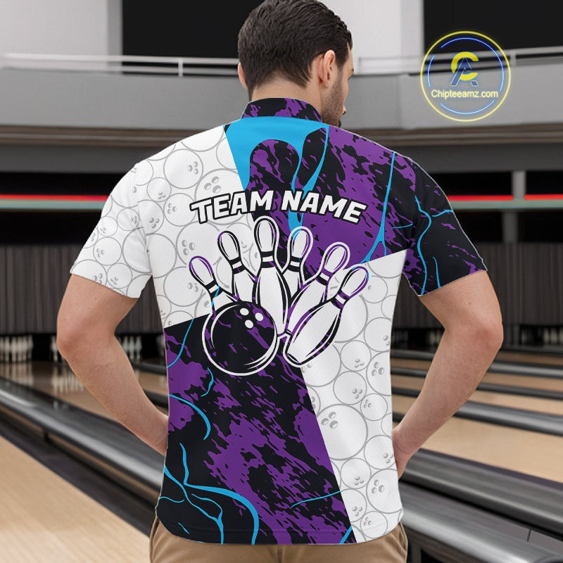 Custom Blue And Purple Camo Bowling Team Shirt For Men And Women, Camouflage Bowler Outfit IPHW10608