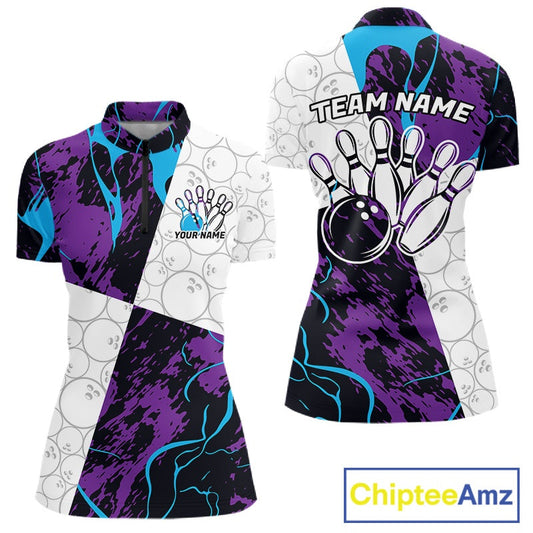 Custom Blue And Purple Camo Bowling Team Shirt For Women, Camouflage Bowler Outfit IPHW10608