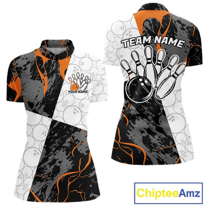 Custom Blue And Orange Camo Bowling Team Shirt For Women, Camouflage Bowler Outfit IPHW10609