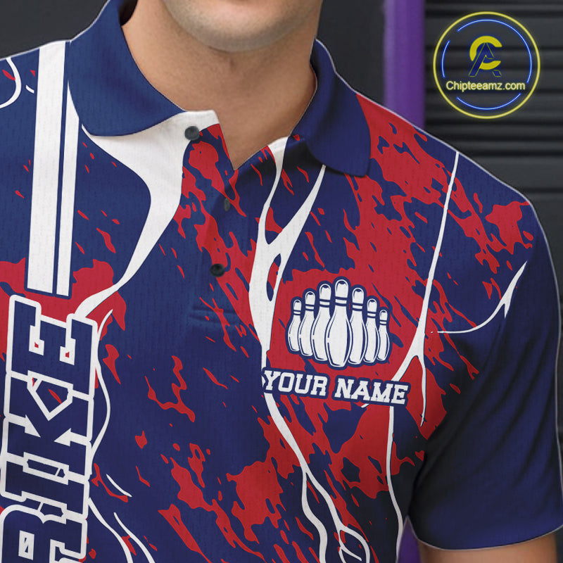 Custom Red,White And Blue Camo Strike Bowling Shirts, Patriotic Men Bowling Team Jerseys IPHW10610