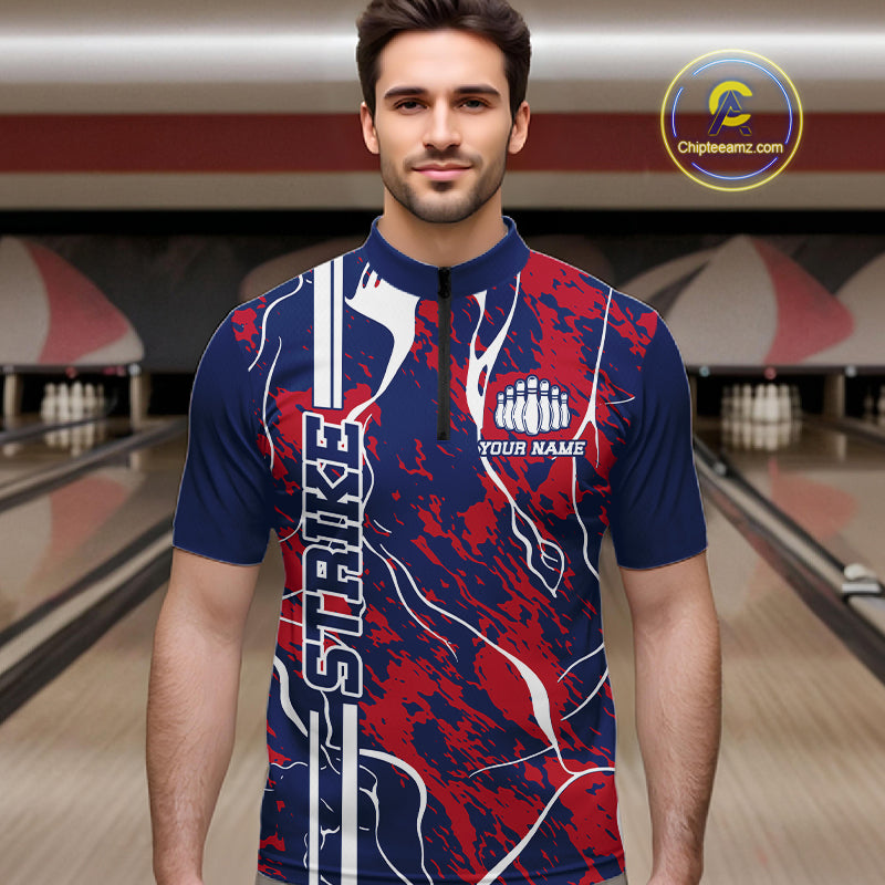 Custom Red,White And Blue Camo Strike Bowling Shirts, Patriotic Men Bowling Team Jerseys IPHW10610