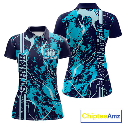 Custom Navy And Cyan Blue Camo Strike Bowling Shirt Women Bowling Team Jersey Bowling League IPHW10612