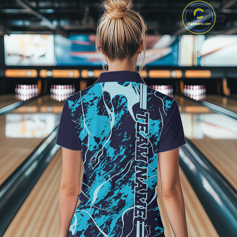 Custom Navy And Cyan Blue Camo Strike Bowling Shirt Women Bowling Team Jersey IPHW10612