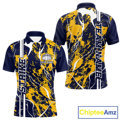 Custom Navy Blue And Yellow Camo Strike Bowling Shirt, Men Bowling League Team Jerseys IPHW10613
