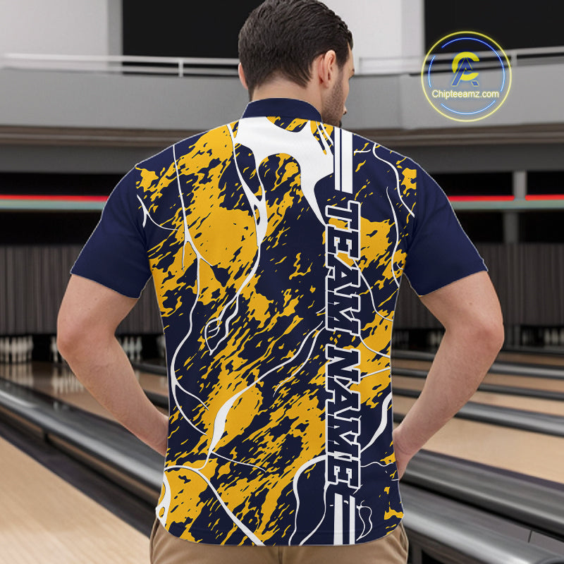 Custom Navy Blue And Yellow Camo Strike Bowling Shirt, Men Bowling League Team Jerseys IPHW10613