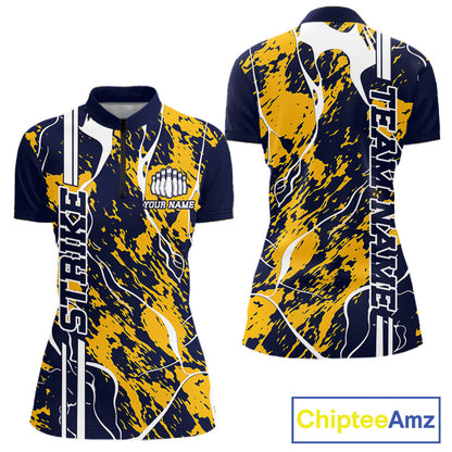 Custom Navy Blue And Yellow Camo Strike Bowling Shirt, Women Bowling League Team Jerseys IPHW10613