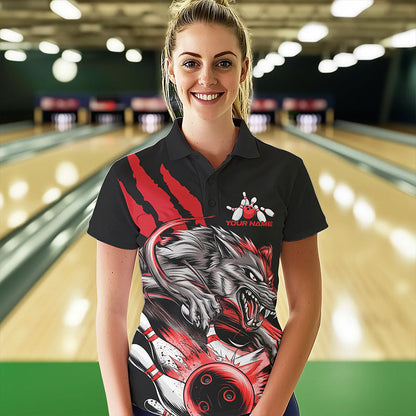 Custom Black And Red Wolf Bowling Women Polo Shirts, Wolf Scratch Bowling Team League Shirt IPHW8719