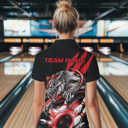 Custom Black And Red Wolf Bowling Women Polo Shirts, Wolf Scratch Bowling Team League Shirt IPHW8719