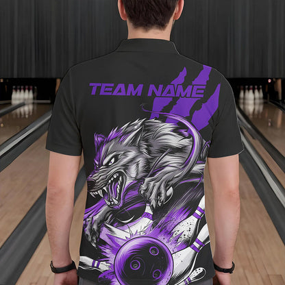 Custom Black And Purple Wolf Bowling Men Polo Shirts, Wolf Scratch Bowling Team League Shirt IPHW8721