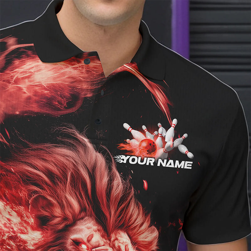 Custom Red Flame Lion Bowling Team Men Polo Shirts, Lion Bowling League Shirt IPHW8977