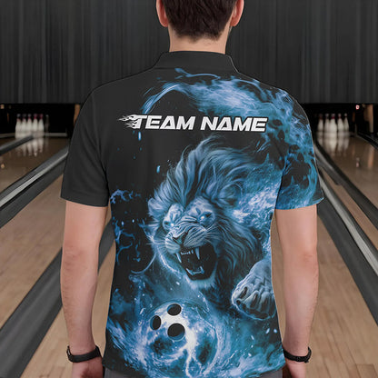 Custom Blue Flame Lion Bowling Team Men Polo Shirts, Lion Bowling League Shirt IPHW8978