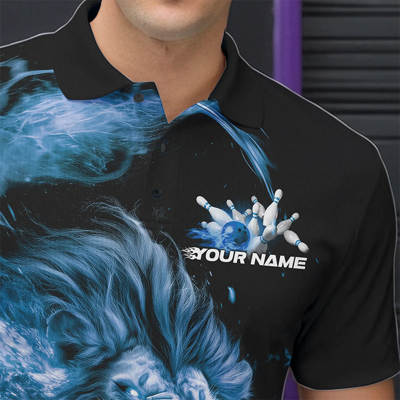 Custom Blue Flame Lion Bowling Team Men Polo Shirts, Lion Bowling League Shirt IPHW8978
