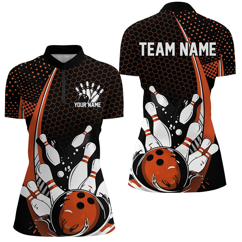 Custom Black And Orange Ladies Bowling Shirts, Classic Retro Bowling Jerseys Bowlers Outfit IPHW7280