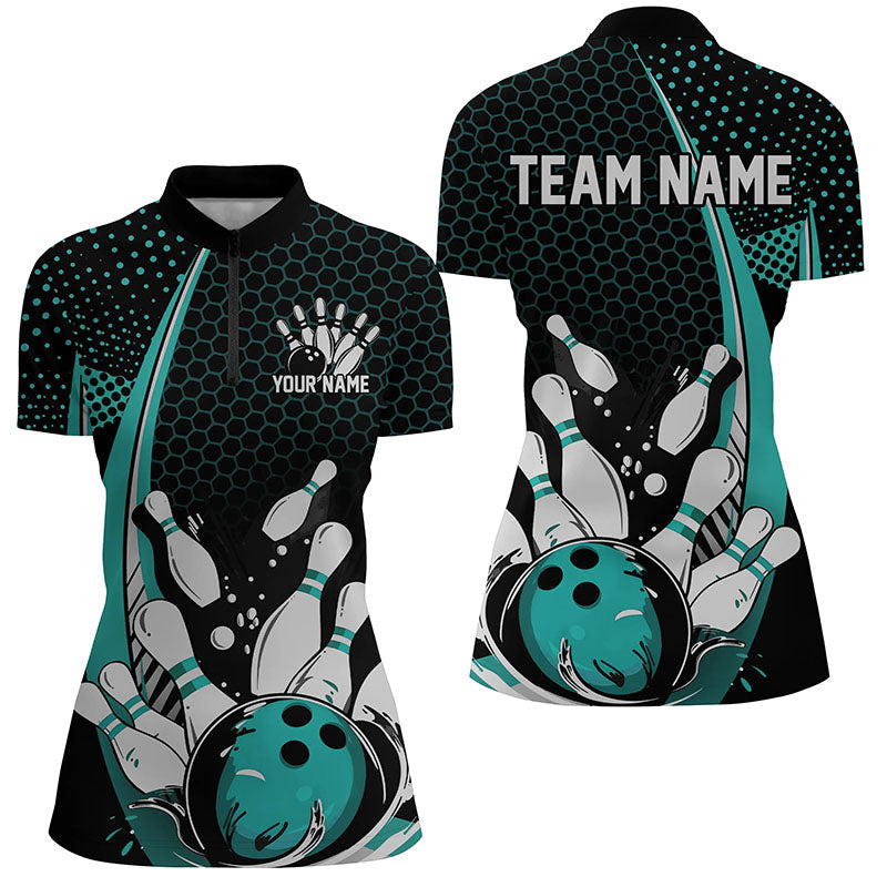 Custom Black And Blue Ladies Bowling Shirts, Classic Retro Bowling Jerseys Bowlers Outfit IPHW7281