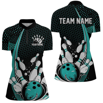 Custom Black And Blue Ladies Bowling Shirts, Classic Retro Bowling Jerseys Bowlers Outfit IPHW7281