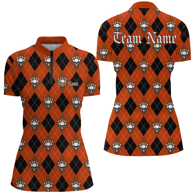 Black And Orange Argyle Pattern Custom Skull Ladies Bowling Shirt, Halloween Outfit Bowling IPHW7300