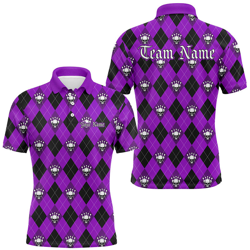 Purple Argyle Pattern Custom Skull Bowling Shirts For Men, Halloween Outfit Bowling IPHW7301