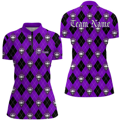 Purple Argyle Pattern Custom Skull Bowling Shirts For Women, Halloween Outfit Bowling IPHW7301