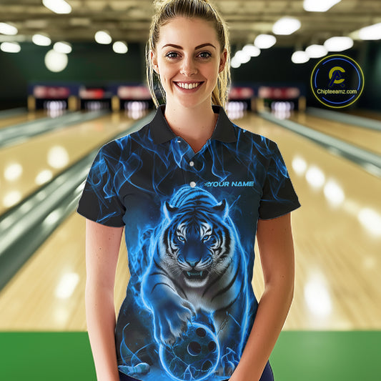 Custom Black And Blue Flame Tiger Bowling Team Polo Shirts For Women, Fire Bowling Jersey IPHW8263