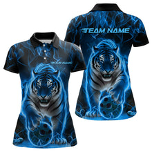 Load image into Gallery viewer, Custom Black And Blue Flame Tiger Bowling Team Polo Shirts For Women, Fire Bowling Jersey IPHW8263