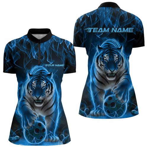Custom Black And Blue Flame Tiger Bowling Women Quarter-Zip Shirts, Fire Bowling Jerseys IPHW8263
