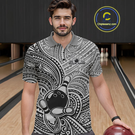 Custom Black And Gray Traditional Samoan Tribal Polynesian Pattern Bowling Men Shirt IPHW10324