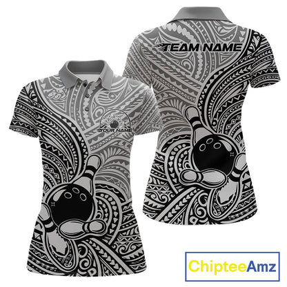 Custom Black And Gray Traditional Samoan Tribal Polynesian Pattern Bowling Women Shirt IPHW10324