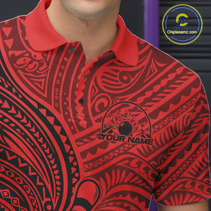 Custom Black And Red Traditional Samoan Tribal Polynesian Pattern Bowling Men Shirt IPHW10325
