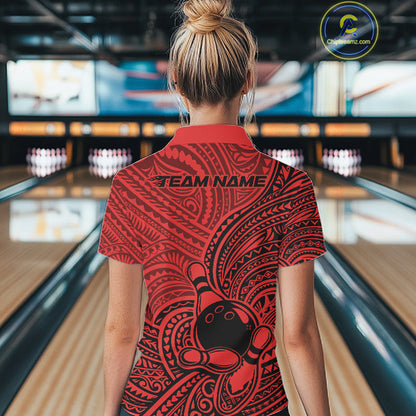 Custom Black And Red Traditional Samoan Tribal Polynesian Pattern Bowling Women Shirt IPHW10325