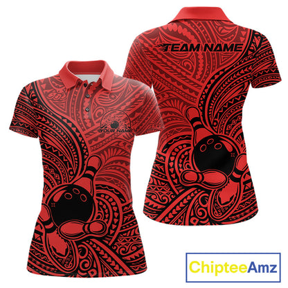 Custom Black And Red Traditional Samoan Tribal Polynesian Pattern Bowling Women Shirt IPHW10325