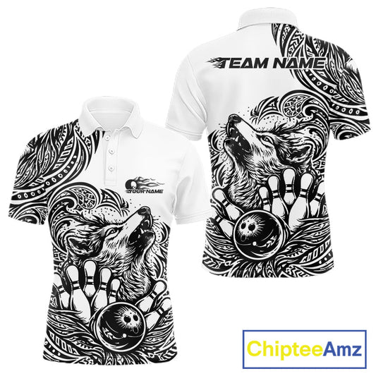 Custom Black And White Tribal Pattern Maori Style Wolf Bowling Team Men Polo Shirts IPHW10330