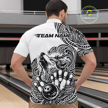 Custom Black And White Tribal Pattern Maori Style Wolf Bowling Team Men Quarter-Zip Shirts IPHW10330