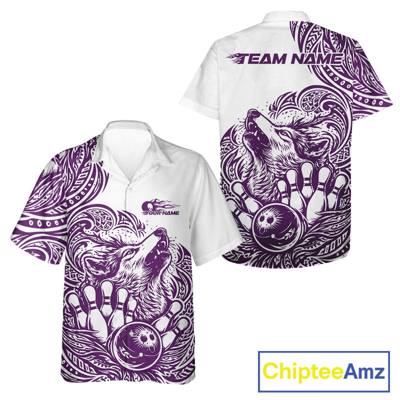 Custom Purple Tribal Pattern Maori Style Wolf Bowling Team Men And Women Hawaiian Shirts IPHW10331