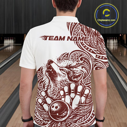 Custom Burgundy Tribal Pattern Maori Style Wolf Bowling Team Men Polo Shirts IPHW10332