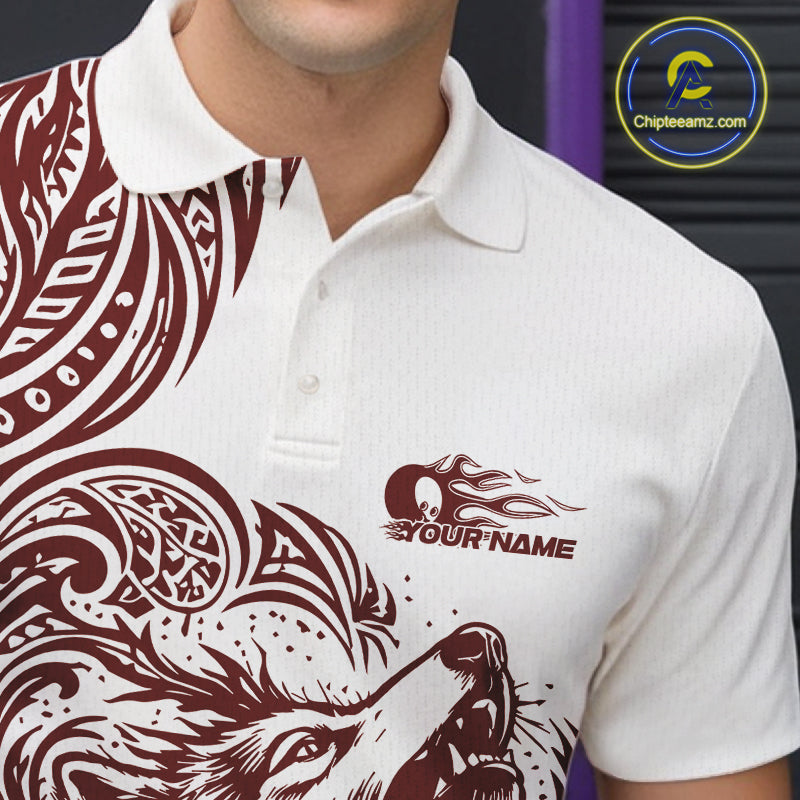 Custom Burgundy Tribal Pattern Maori Style Wolf Bowling Team Men Polo Shirts IPHW10332