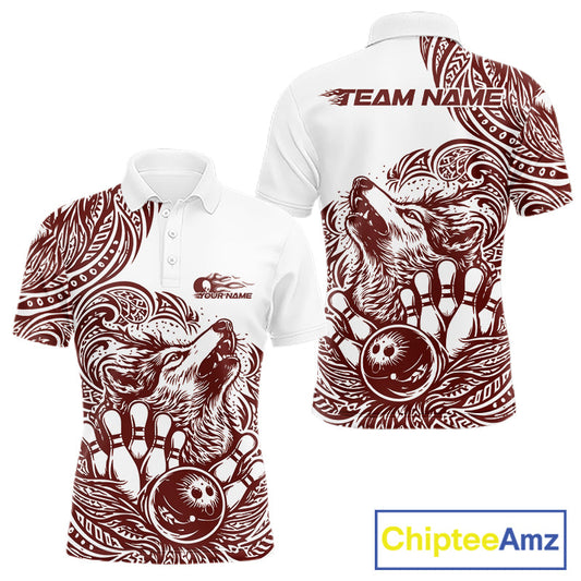 Custom Burgundy Tribal Pattern Maori Style Wolf Bowling Team Men Polo Shirts IPHW10332