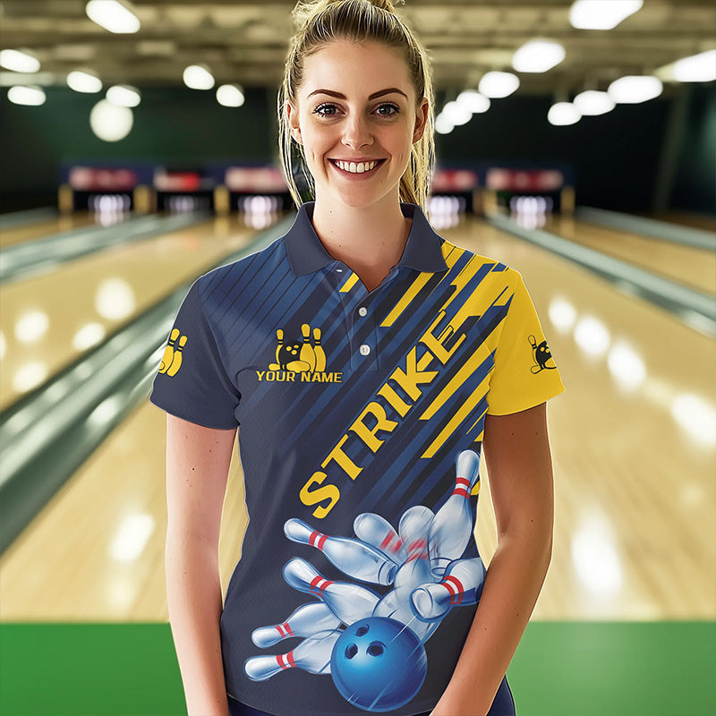 Custom Blue And Yellow Bowling Jerseys, Bowling Team Polo Shirts For Women Bowling Team IPHW8530