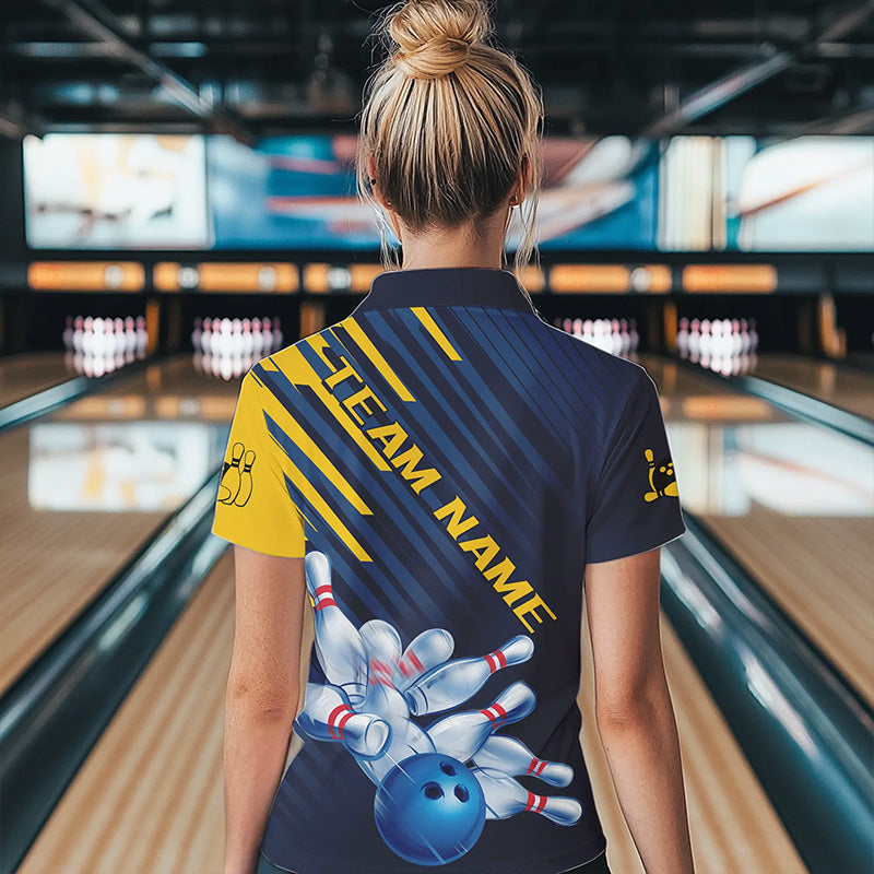 Custom Blue And Yellow Bowling Jerseys, Bowling Team Polo Shirts For Women Bowling Team IPHW8530