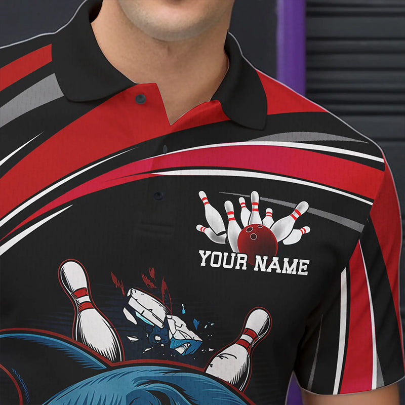 Black And Red Custom Shark Bowling Team Polo Shirts For Men, Shark Bowling League Shirt IPHW8726