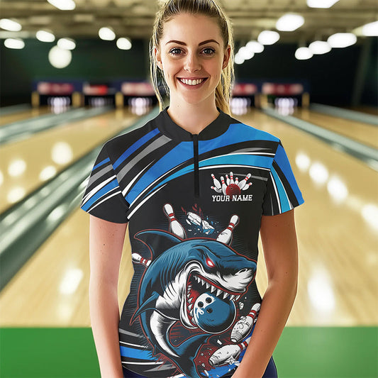 Black And Blue Custom Shark Bowling TeamWomen Quarter-Zip Shirts, Bowling League Shirt IPHW8727