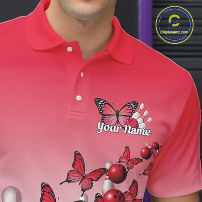 Custom Red Gradient Butterfly Bowling Men Polo Shirts For Team, Bowling League Shirt IPHW10824
