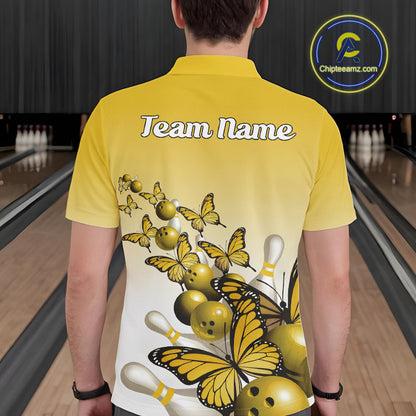 Custom Yellow Gradient Butterfly Bowling Men Polo Shirts For Team, Bowling League Shirt IPHW10826
