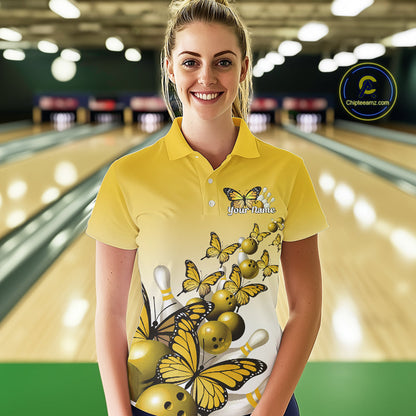 Custom Yellow Gradient Butterfly Bowling Women Polo Shirts For Team, Bowling League Shirt IPHW10826