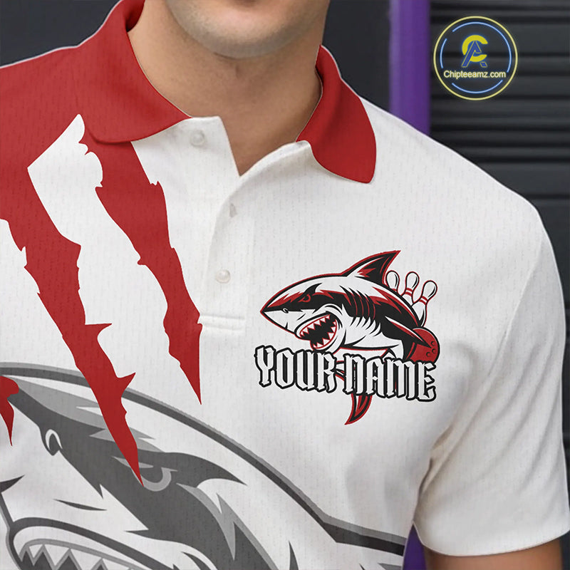Custom White And Red Shark Jerseys, Shark Bowling Team Men Polo Shirts Bowlers Outfit IPHW8987