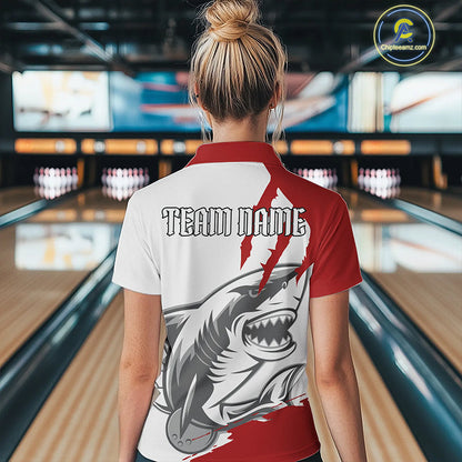 Custom White And Red Shark Jerseys, Shark Bowling Team Women Polo Shirts Bowlers Outfit IPHW8987