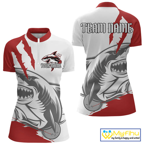 Custom White And Red Shark Jerseys, Shark Bowling Team Men Quarter-Zip Shirts Bowlers Outfit IPHW8987