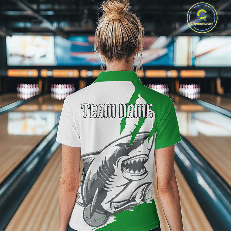 Custom White And Green Shark Jerseys, Bowling Team Women Quarter-Zip Shirt Bowlers Outfit IPHW8989
