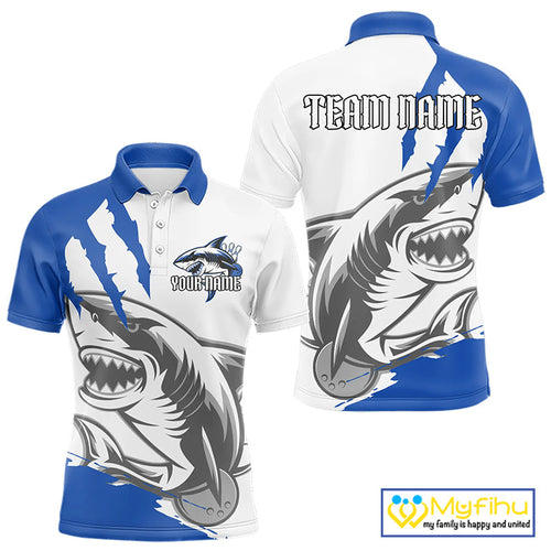 Custom White And Blue Shark Jerseys, Shark Bowling Team Men Polo Shirts Bowlers Outfit IPHW8990